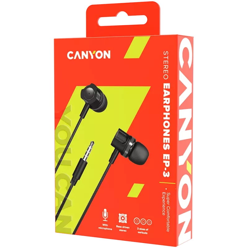 CANYON EP-3 Auricular in-ear con micrófono, cable plano de 1,2 m, gris oscuro