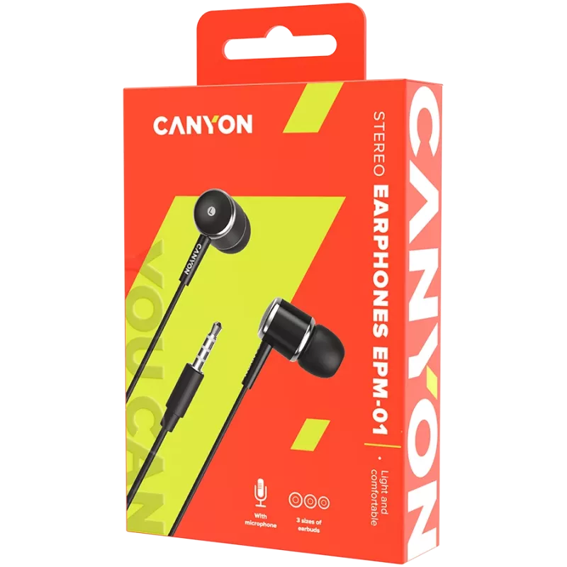 CANYON EPM-01 Auricular in-ear con cable y micrófono, cable de 1,2 m, negro