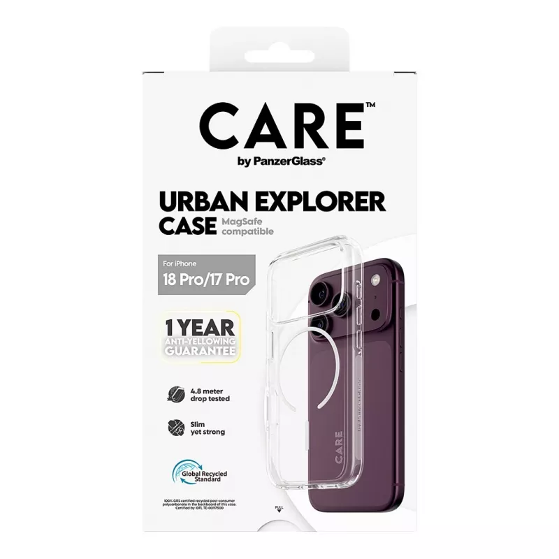 CARE by PanzerGlass Urban Explorer funda transparente con anillo MagSafe blanco para iPhone 17 Pro