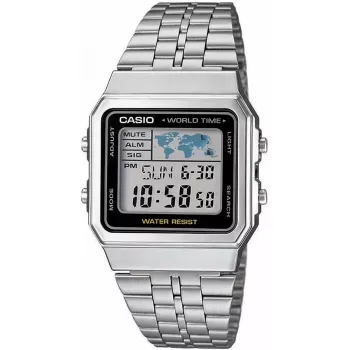 Casio A500WA-1DF Reloj de pulsera digital clásico de cuarzo - Correa de acero inoxidable plateada, retroiluminación LED, hora mundial