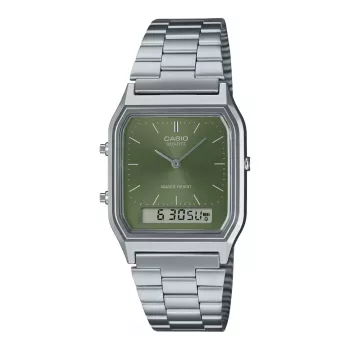 CASIO AQ-230A-3A reloj analógico-digital unisex, 38,8 mm, esfera verde, correa de acero inoxidable plateada