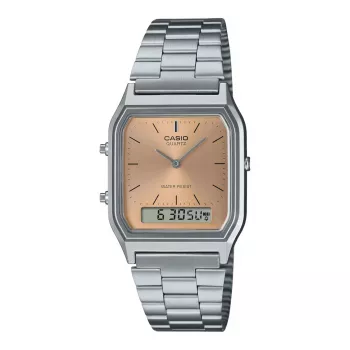 CASIO AQ-230A-4A reloj unisex analógico-digital, 38,8 mm, caja plateada, esfera roja, correa de acero inoxidable