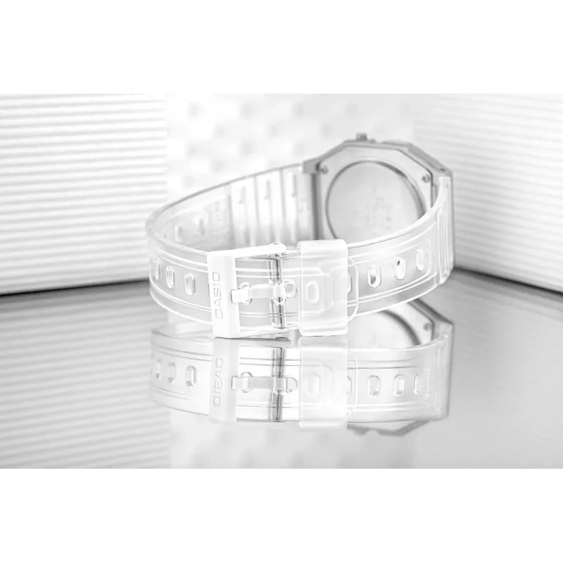 Casio F-91WS-7DF reloj digital – caja de resina blanca transparente, unisex, cuarzo, retroiluminación LED, resistente al agua hasta 3 ATM