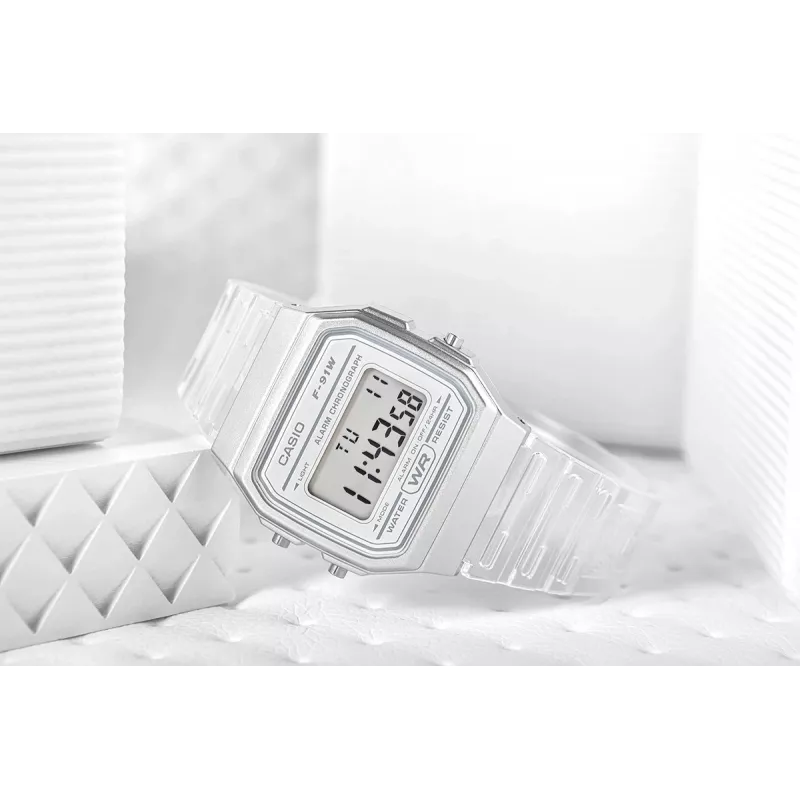 Casio F-91WS-7DF reloj digital – caja de resina blanca transparente, unisex, cuarzo, retroiluminación LED, resistente al agua hasta 3 ATM