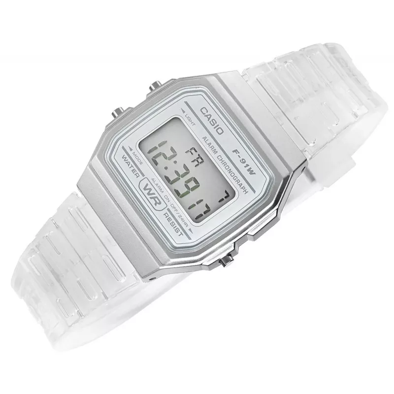Casio F-91WS-7DF reloj digital – caja de resina blanca transparente, unisex, cuarzo, retroiluminación LED, resistente al agua hasta 3 ATM