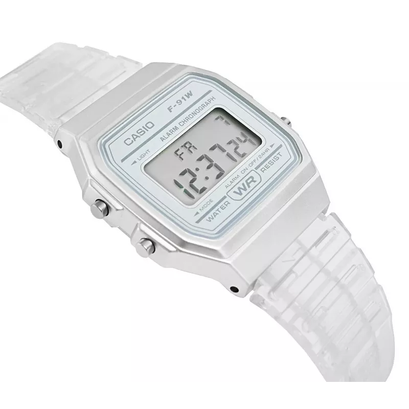 Casio F-91WS-7DF reloj digital – caja de resina blanca transparente, unisex, cuarzo, retroiluminación LED, resistente al agua hasta 3 ATM