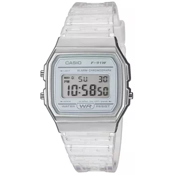 Casio F-91WS-7DF reloj digital – caja de resina blanca transparente, unisex, cuarzo, retroiluminación LED, resistente al agua hasta 3 ATM