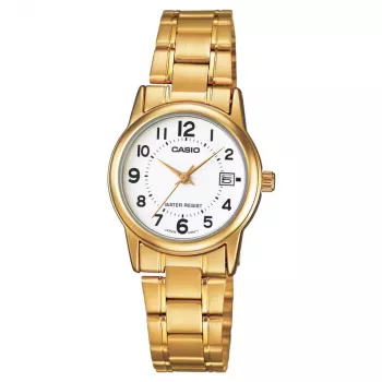 CASIO LTP-V002G-7B Reloj mujer analógico de cuarzo, caja de 25 mm de acero inoxidable dorado, esfera plateada