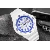 CASIO MRW200HC7B2VD Reloj hombre analógico de cuarzo con indicador de fecha y día de la semana, 100m de resistencia al agua, correa de resina, esfera blanca, bisel azul/rojo