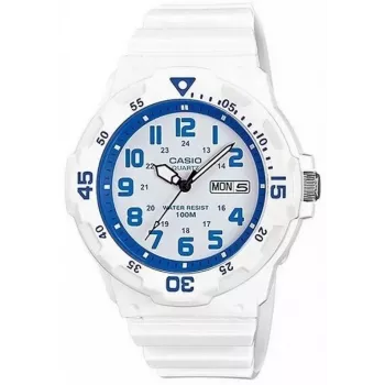 CASIO MRW200HC7B2VD Reloj hombre analógico de cuarzo con indicador de fecha y día de la semana, 100m de resistencia al agua, correa de resina, esfera blanca, bisel azul/rojo