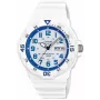 CASIO MRW200HC7B2VD Reloj hombre analógico de cuarzo con indicador de fecha y día de la semana, 100m de resistencia al agua, correa de resina, esfera blanca, bisel azul/rojo