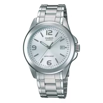 Casio MTP-1215A-7A reloj de cuarzo analógico hombre con correa de acero inoxidable, esfera plateada, caja de 38,4 mm, indicador de fecha y día de la semana, 50 m de resistencia al agua