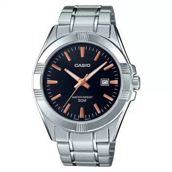 Reloj analógico de cuarzo de hombre CASIO MTP-1308D-1A2, 48,9 mm, esfera negra, correa de acero inoxidable plateada
