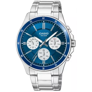 Casio MTP-1374D-2A3 reloj de hombre analógico de cuarzo con brazalete de acero inoxidable, esfera azul, indicador de día y fecha, 50m resistencia al agua