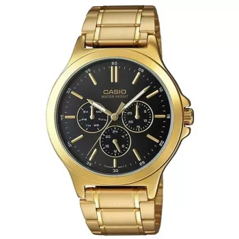 CASIO MTP-V300G-1AUDF Reloj de hombre analógico de cuarzo, 47mm caja de acero inoxidable con baño de oro, esfera negra, indicador de fecha y día de la semana