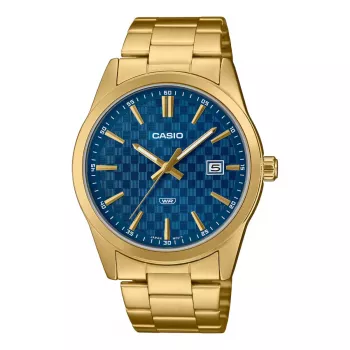 CASIO MTPVD03G2AUDF Reloj de cuarzo analógico hombre, 45mm caja de acero inoxidable, esfera azul, correa dorada, 50m de resistencia al agua