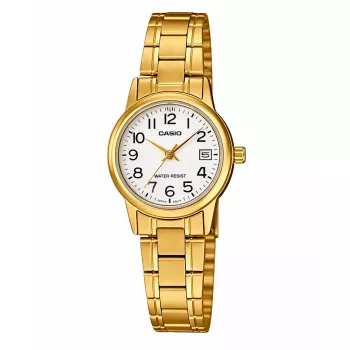 CASIO Reloj de mujer LTP-V002G-7B2 analógico de cuarzo, 31 mm caja de acero inoxidable chapado en oro, esfera plateada, correa