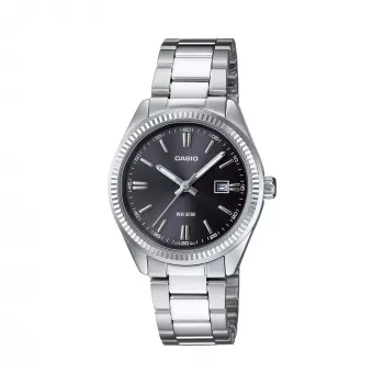 CASIO Reloj de mujer analógico de cuarzo LTP1302PD1A1V, acero inoxidable plateado, esfera negra, resistencia al agua 50 m