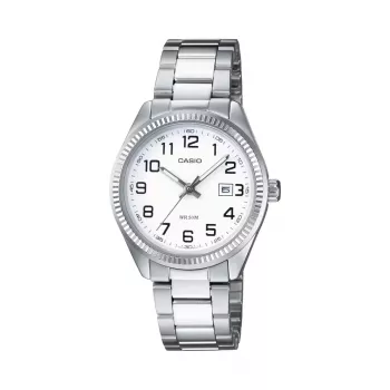 CASIO Mujer LTP1302PD7BVE Reloj analógico de cuarzo, 34,5mm caja de acero inoxidable, esfera plateada, indicador de fecha