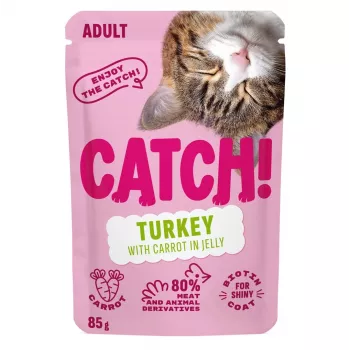 CATCH pavo y zanahoria en gelatina alimento húmedo para gatos, bolsa de 85g