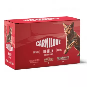 CAV CARNILOVE Alimento para gatos en bolsa gelatina multipack 12x85g comida húmeda, sin cereales, para gatos adultos, variedades mixtas