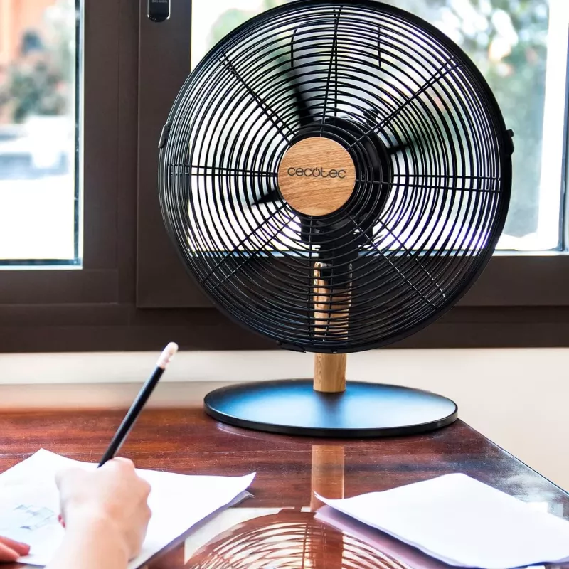 Cecotec EnergySilence 600 WoodDesk ventilador de mesa, ventilador de sobremesa, 40 W, diámetro 30 cm, 3 velocidades, oscilación, beige/negro