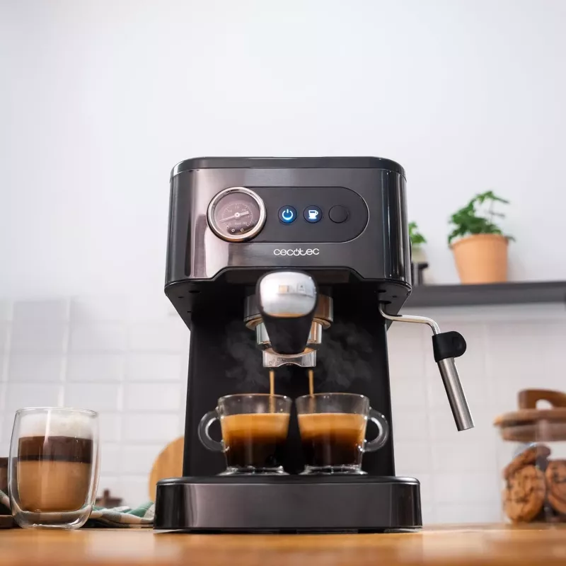 Cecotec Power Espresso 20 Pro Latte Cafetera, 20 bares de presión, espumador de leche integrado, semiautomática, Negra, 1350 W