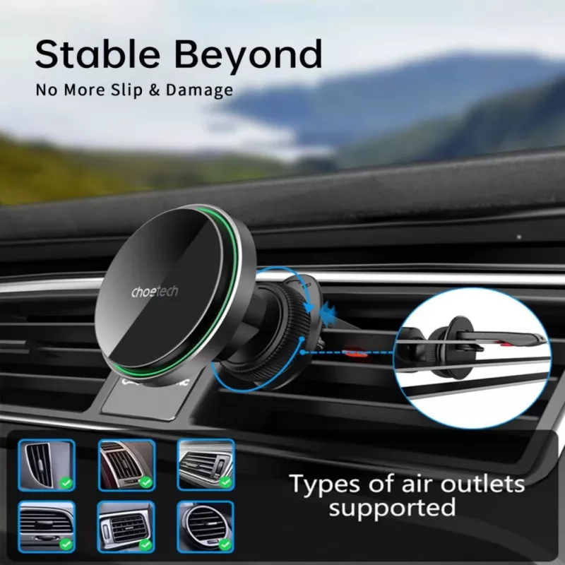 Soporte magnético para coche CHOETECH T204-F con carga inalámbrica de 15W - Negro