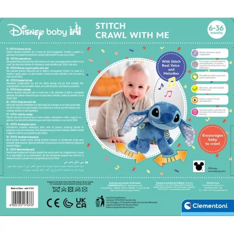 Peluche Clementoni Disney Baby Stitch We Crawl Together, azul, 25 cm, desde el nacimiento