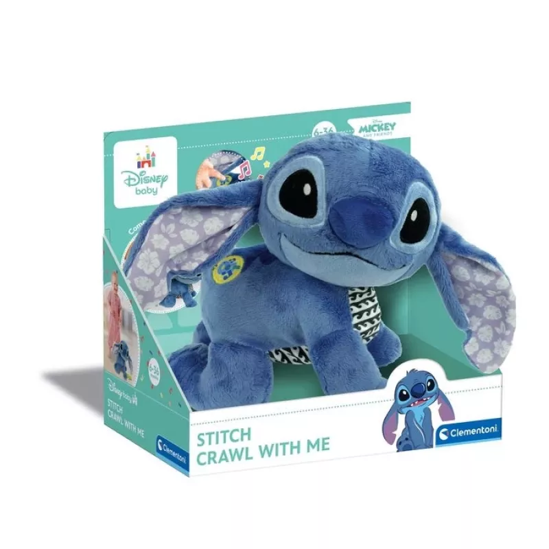 Peluche Clementoni Disney Baby Stitch We Crawl Together, azul, 25 cm, desde el nacimiento