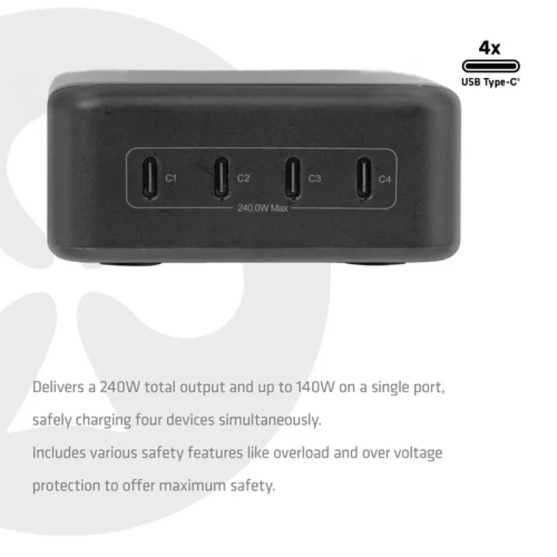 CLUB 3D CAC-1933 estación de carga USB-C de 4 puertos, 240W GaN PD 3.1, PPS, pantalla LED