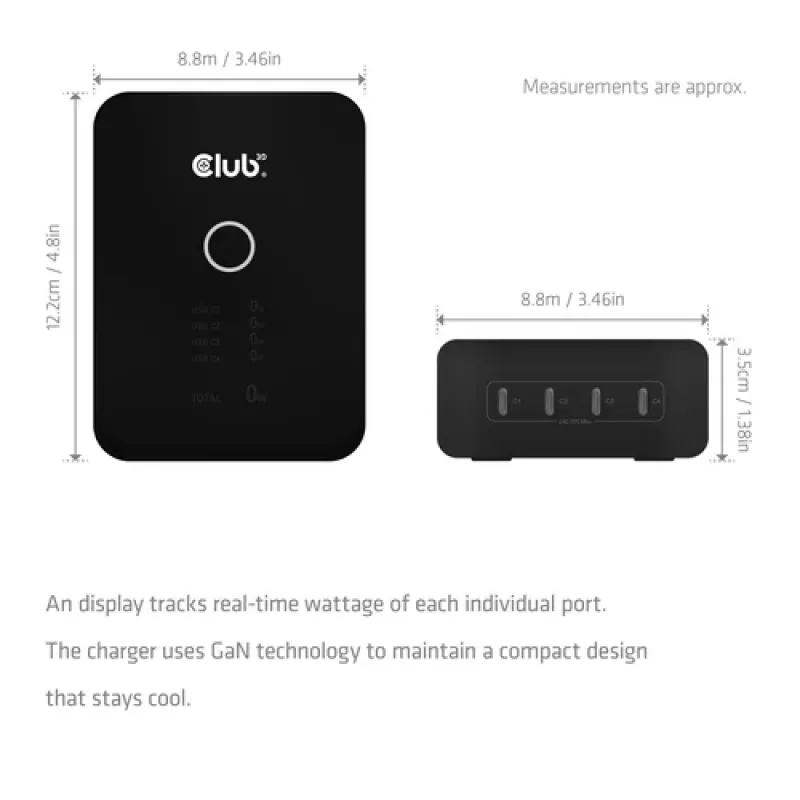 CLUB 3D CAC-1933 estación de carga USB-C de 4 puertos, 240W GaN PD 3.1, PPS, pantalla LED