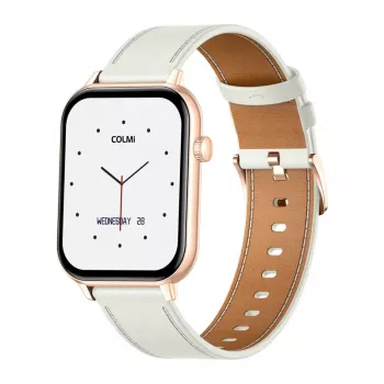 COLMI C28 Smartwatch en dorado con correa de piel blanca
