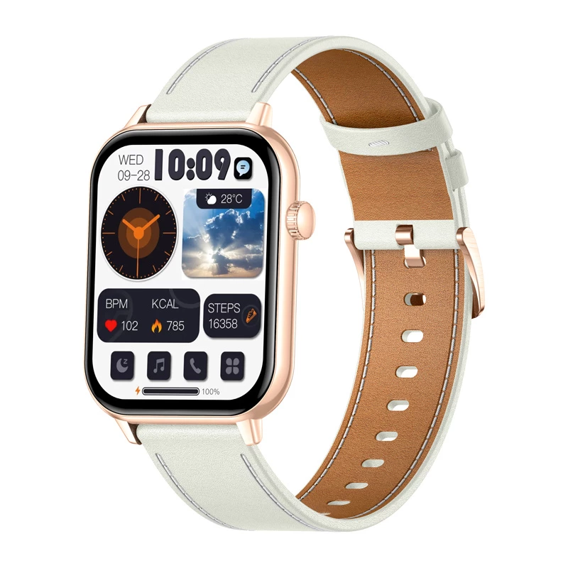 COLMI C28 Smartwatch en dorado con correa de piel blanca