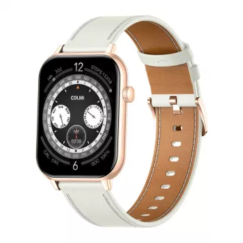 COLMI C28 Smartwatch en dorado con correa de piel blanca