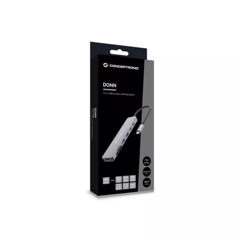 CONCEPTRONIC 573812 base de conexión USB-C 7 en 1, HDMI, USB-C, 2x USB-A, cable de 25 cm, gris