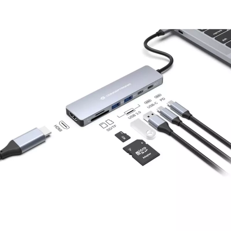 CONCEPTRONIC 573812 base de conexión USB-C 7 en 1, HDMI, USB-C, 2x USB-A, cable de 25 cm, gris