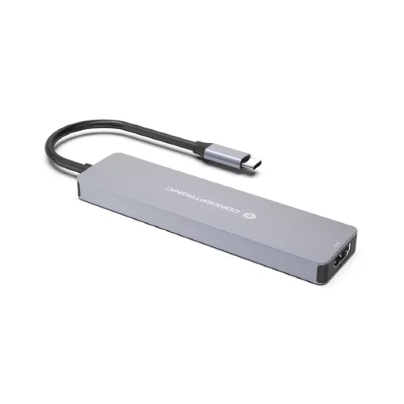 CONCEPTRONIC 573812 base de conexión USB-C 7 en 1, HDMI, USB-C, 2x USB-A, cable de 25 cm, gris