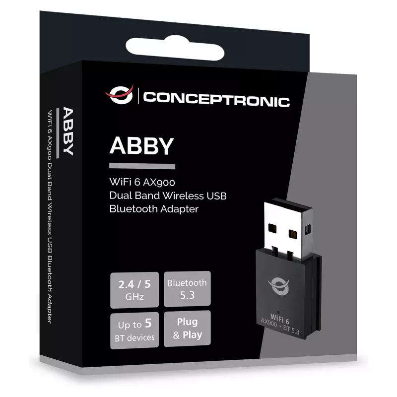 Conceptronic ABBY26B Adaptador WiFi 6 AX900 Dual-Band USB y Bluetooth 5.3