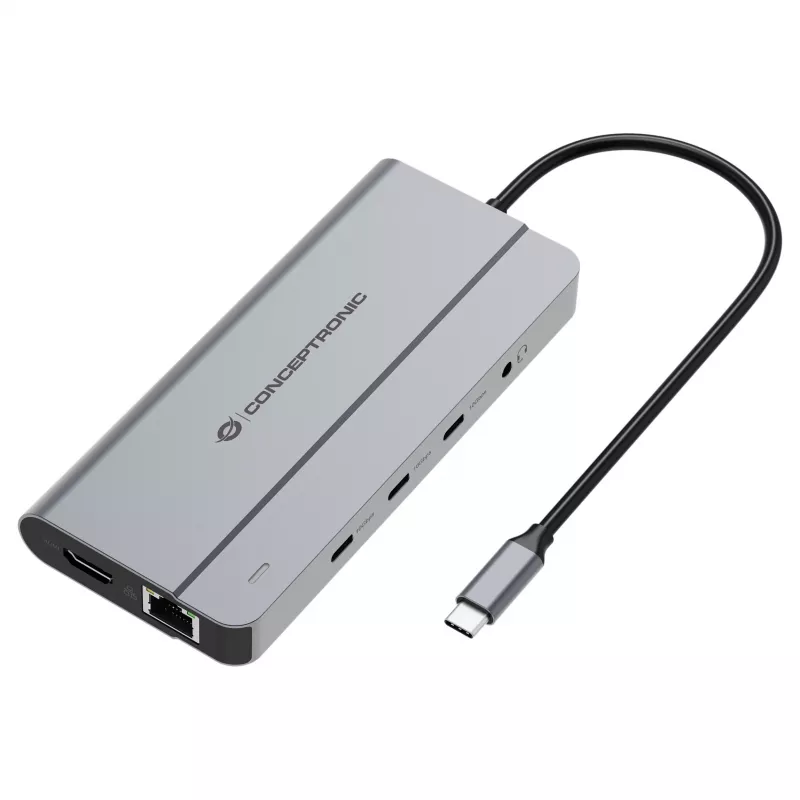 Conceptronic DONN34G estación de acoplamiento USB 3.2 Gen 2 MST 10 en 1, HDMI 4K60Hz, DisplayPort 8K30Hz, GbE, USB-C 10Gbps x 3, USB-A 480Mbps x 2, audio, 100W USB PD