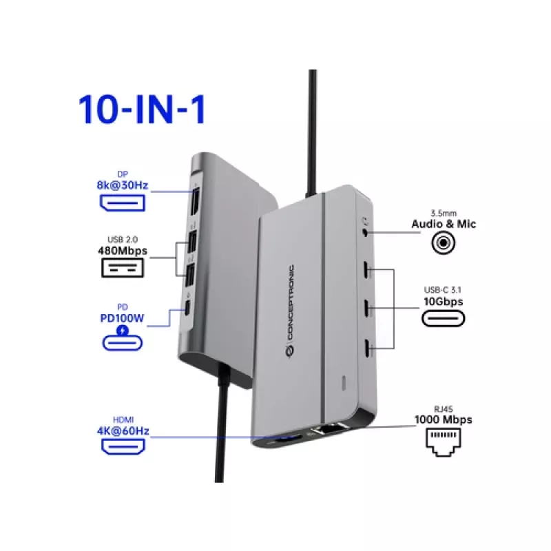 Conceptronic DONN34G estación de acoplamiento USB 3.2 Gen 2 MST 10 en 1, HDMI 4K60Hz, DisplayPort 8K30Hz, GbE, USB-C 10Gbps x 3, USB-A 480Mbps x 2, audio, 100W USB PD