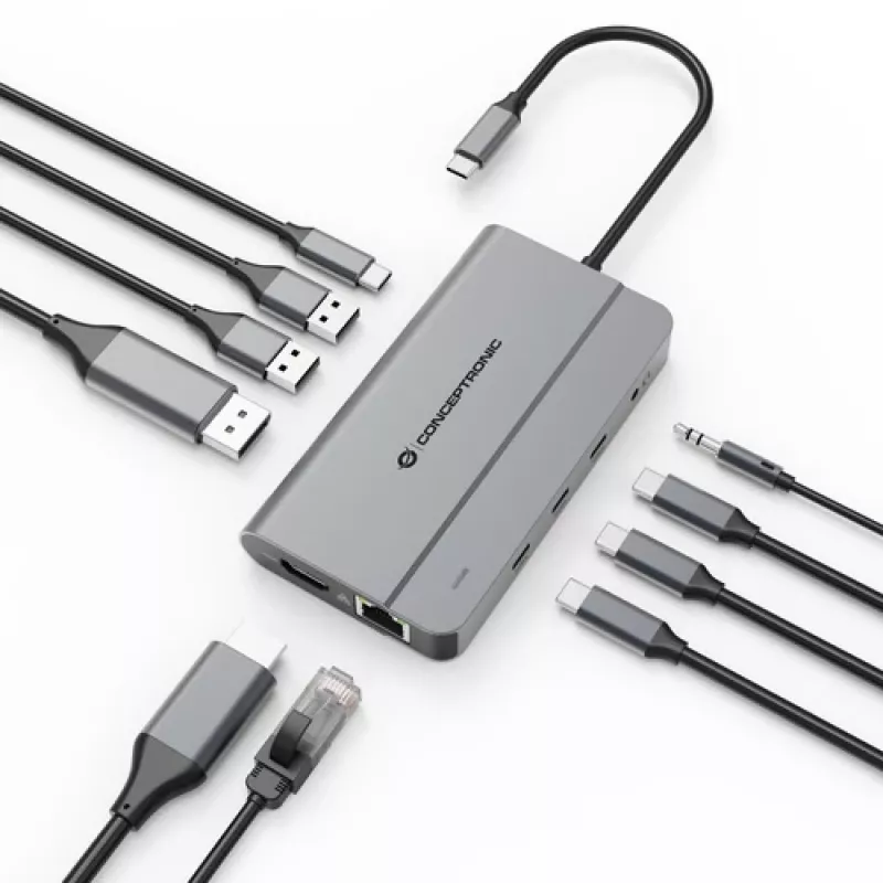 Conceptronic DONN34G estación de acoplamiento USB 3.2 Gen 2 MST 10 en 1, HDMI 4K60Hz, DisplayPort 8K30Hz, GbE, USB-C 10Gbps x 3, USB-A 480Mbps x 2, audio, 100W USB PD