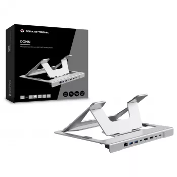 Soporte para portátil Conceptronic DONN35S con docking station USB-C 7 en 1, Dual-HDMI 4K60Hz, GbE, USB-C 5Gbps, 2x USB-A, 100W PD, plata