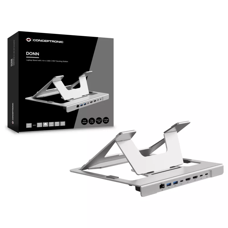 Soporte para portátil Conceptronic DONN35S con docking station USB-C 7 en 1, Dual-HDMI 4K60Hz, GbE, USB-C 5Gbps, 2x USB-A, 100W PD, plata