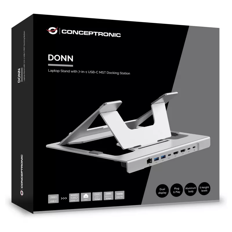Soporte para portátil Conceptronic DONN35S con docking station USB-C 7 en 1, Dual-HDMI 4K60Hz, GbE, USB-C 5Gbps, 2x USB-A, 100W PD, plata