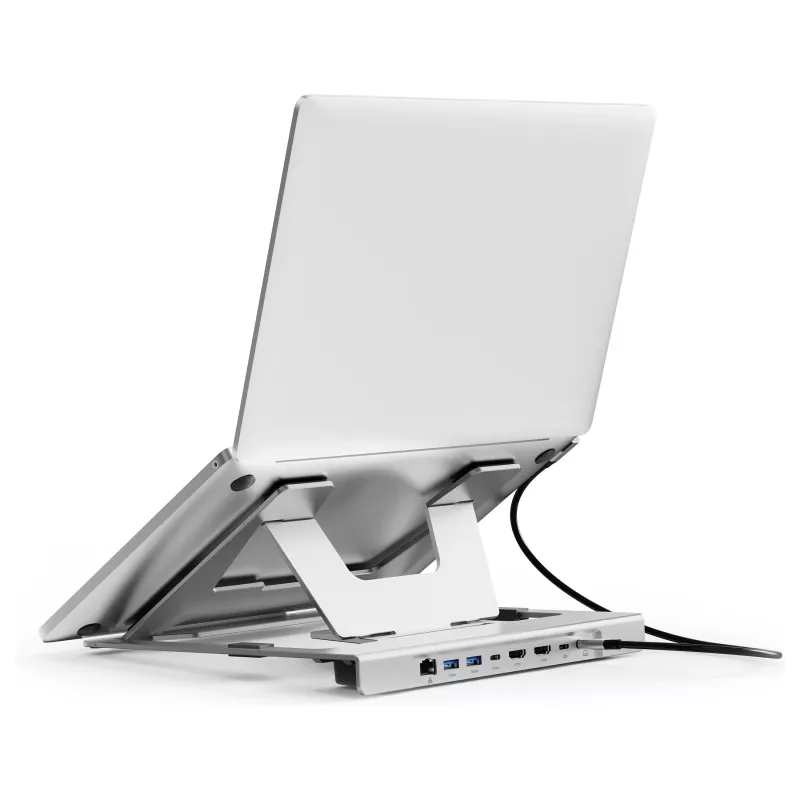 Soporte para portátil Conceptronic DONN35S con docking station USB-C 7 en 1, Dual-HDMI 4K60Hz, GbE, USB-C 5Gbps, 2x USB-A, 100W PD, plata