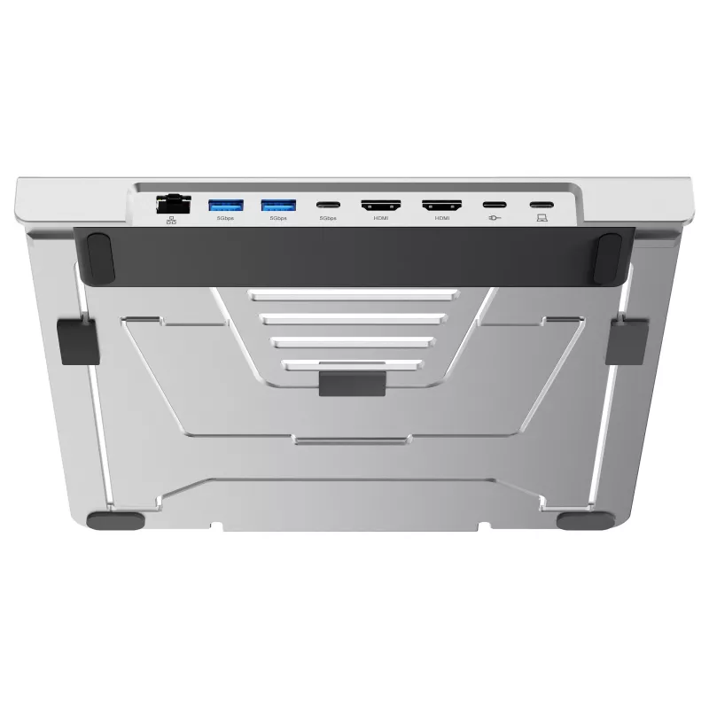 Soporte para portátil Conceptronic DONN35S con docking station USB-C 7 en 1, Dual-HDMI 4K60Hz, GbE, USB-C 5Gbps, 2x USB-A, 100W PD, plata