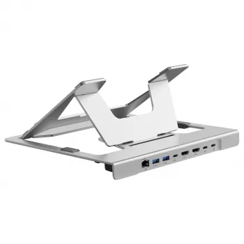Soporte para portátil Conceptronic DONN35S con docking station USB-C 7 en 1, Dual-HDMI 4K60Hz, GbE, USB-C 5Gbps, 2x USB-A, 100W PD, plata