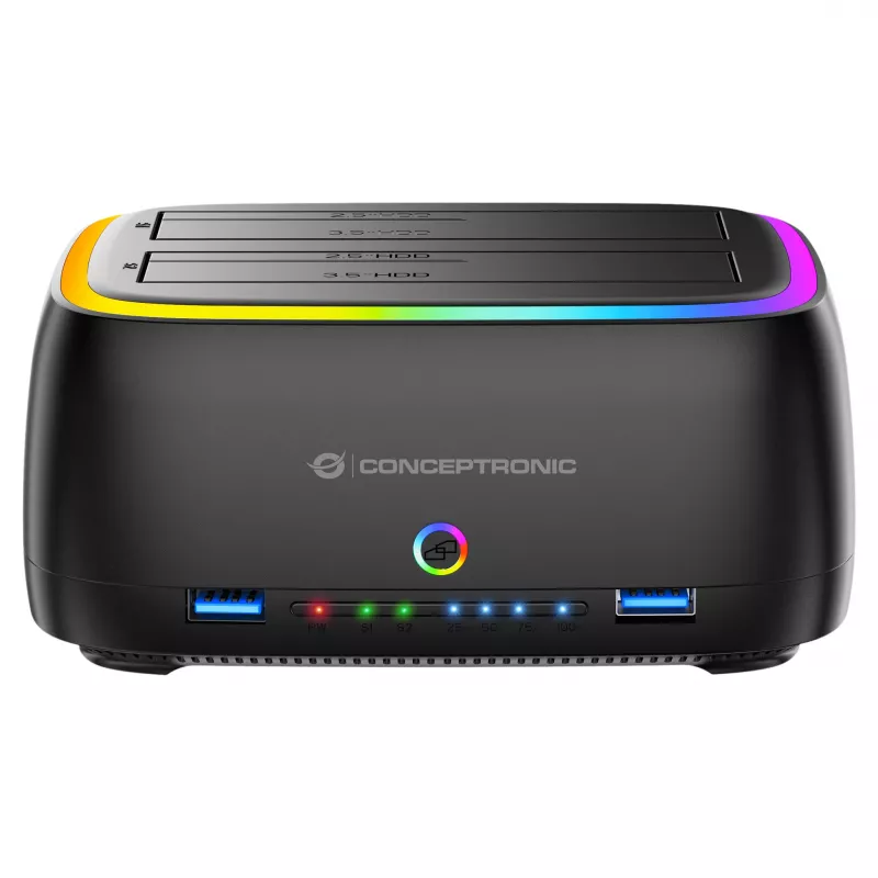Conceptronic DONN36B base de acoplamiento para HDD/SSD SATA de 2 bahías, USB 3.0, 2x USB-A, negra