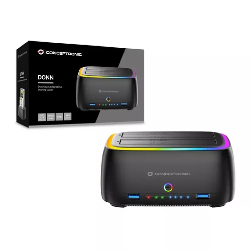 Conceptronic DONN36B base de acoplamiento para HDD/SSD SATA de 2 bahías, USB 3.0, 2x USB-A, negra